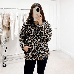 J. Crew Vintage Fleece Snap Collar Sherpa Sweatshirt in Leopard